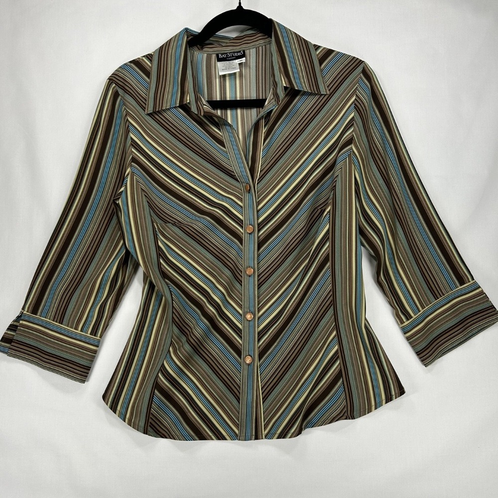 Bay Studio Vintage Y2K Woman's Quarter Sleeve Button Down Shirt Medium Striped